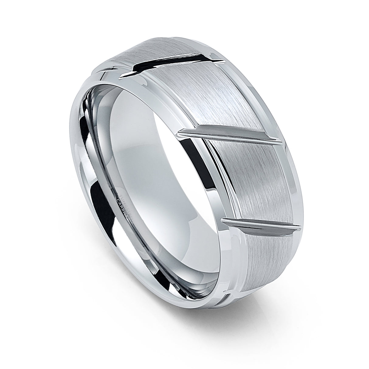 9mm - Tungsten Carbide Wedding Band W/ Diagonal Grooves, Brushed Center, Beveled Edges