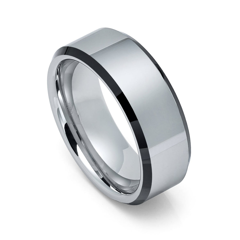 Men's Silver Tungsten Carbide Ring Polished Finish Black Beveled Edges - 8mm
