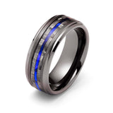 8mm - Tungsten Gunmetal wedding Rings, Carbon Fiber W/ Blue Wood Wedding Band