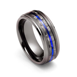 8mm - Tungsten Gunmetal wedding Rings, Carbon Fiber W/ Blue Wood Wedding Band