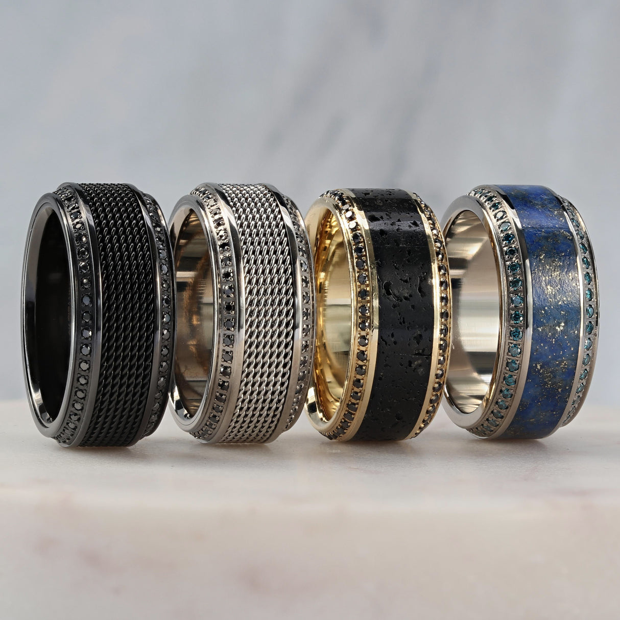 HYPERION Lava Inlaid 10K Yellow Gold Wedding Ring Polished Beveled Edges Set W/ Round Black Diamonds - 10mm