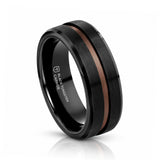 NEVAN Flat Brushed Black Tungsten Men’s Wedding Band with Espresso Groove Center - 8mm