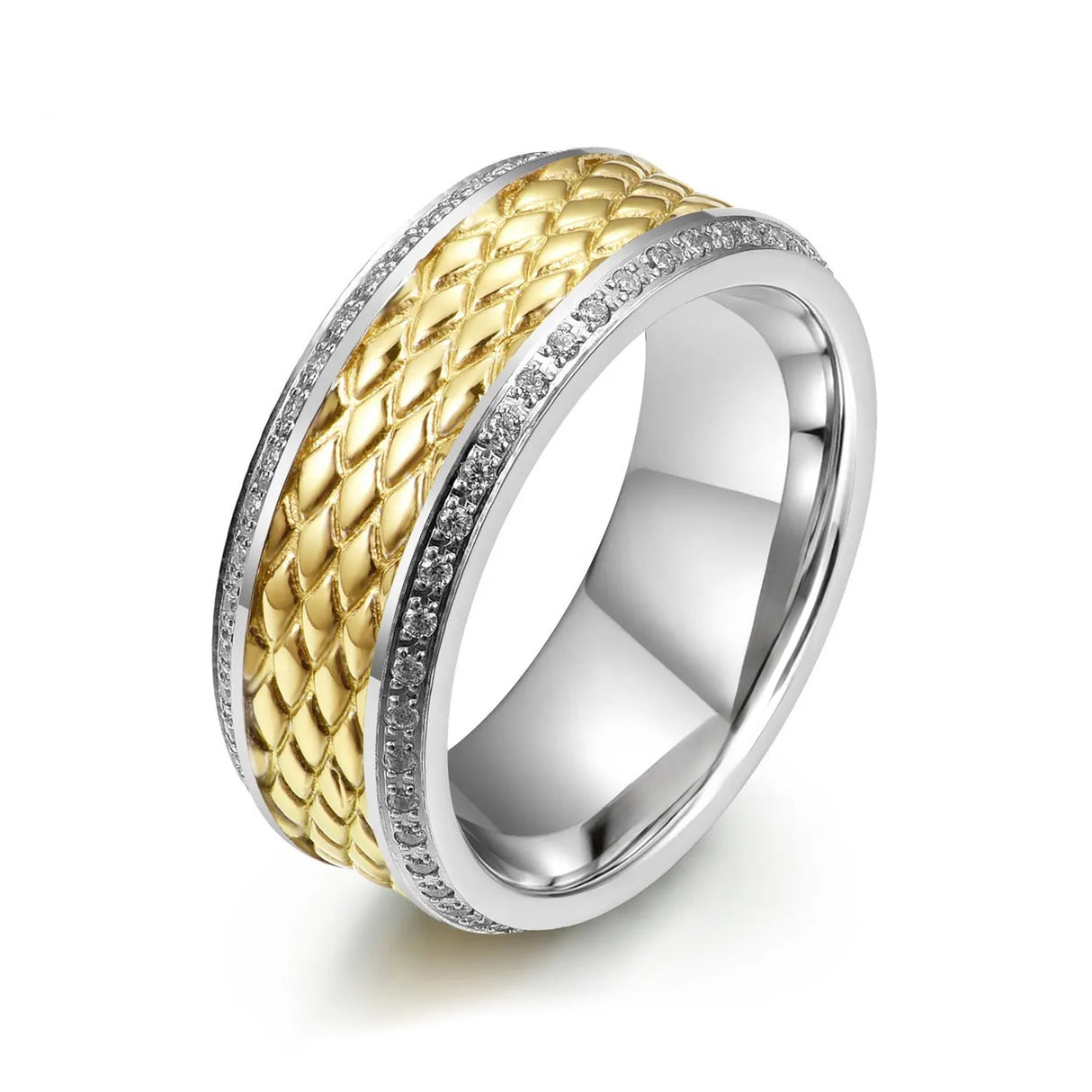 8mm - Silver Titanium Wedding Band Gold Diamond Pattern Center with Diamonds