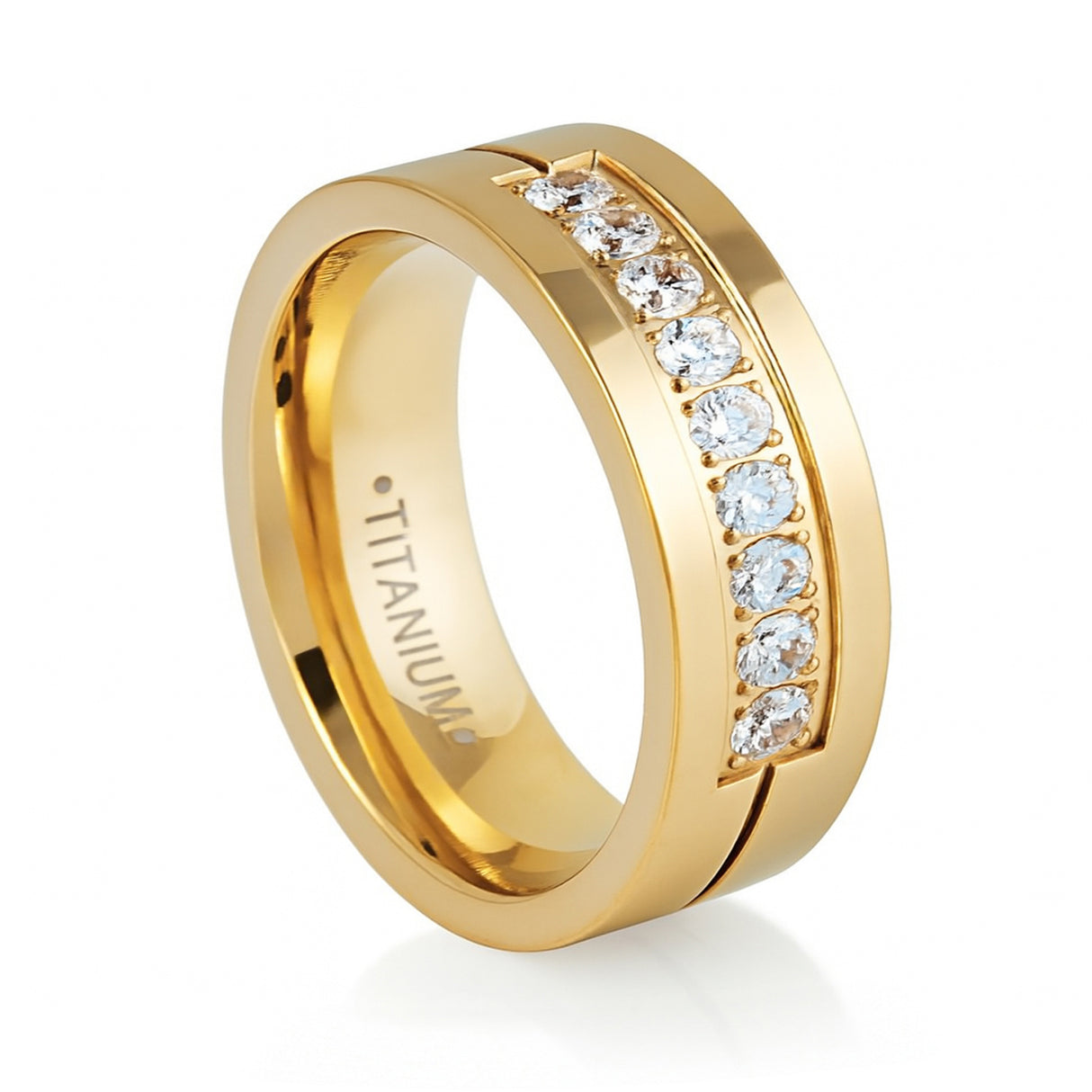 Gold Titanium Wedding Band W/ 9 CZ Diamond Inlay High Polish 8mm