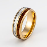 8MM- Tungsten Wedding Band, Meteorite & Koa Wood, Gold Wedding Ring