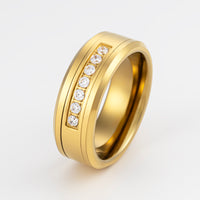 8mm - Gold Tungsten Wedding Band W/ 7 CZ Diamond Inlay High Polished