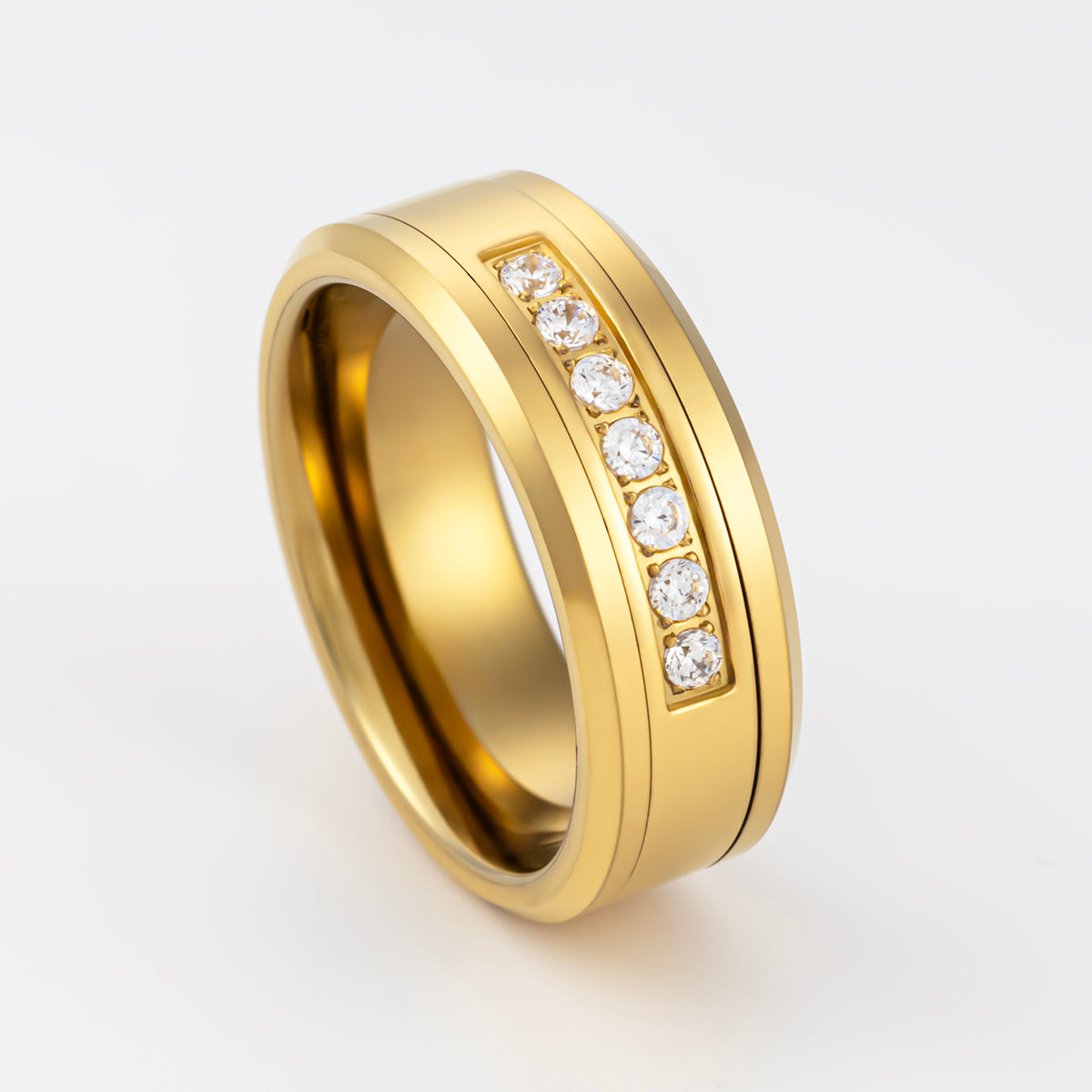 8mm - Gold Tungsten Wedding Band W/ 7 CZ Diamond Inlay High Polished ...