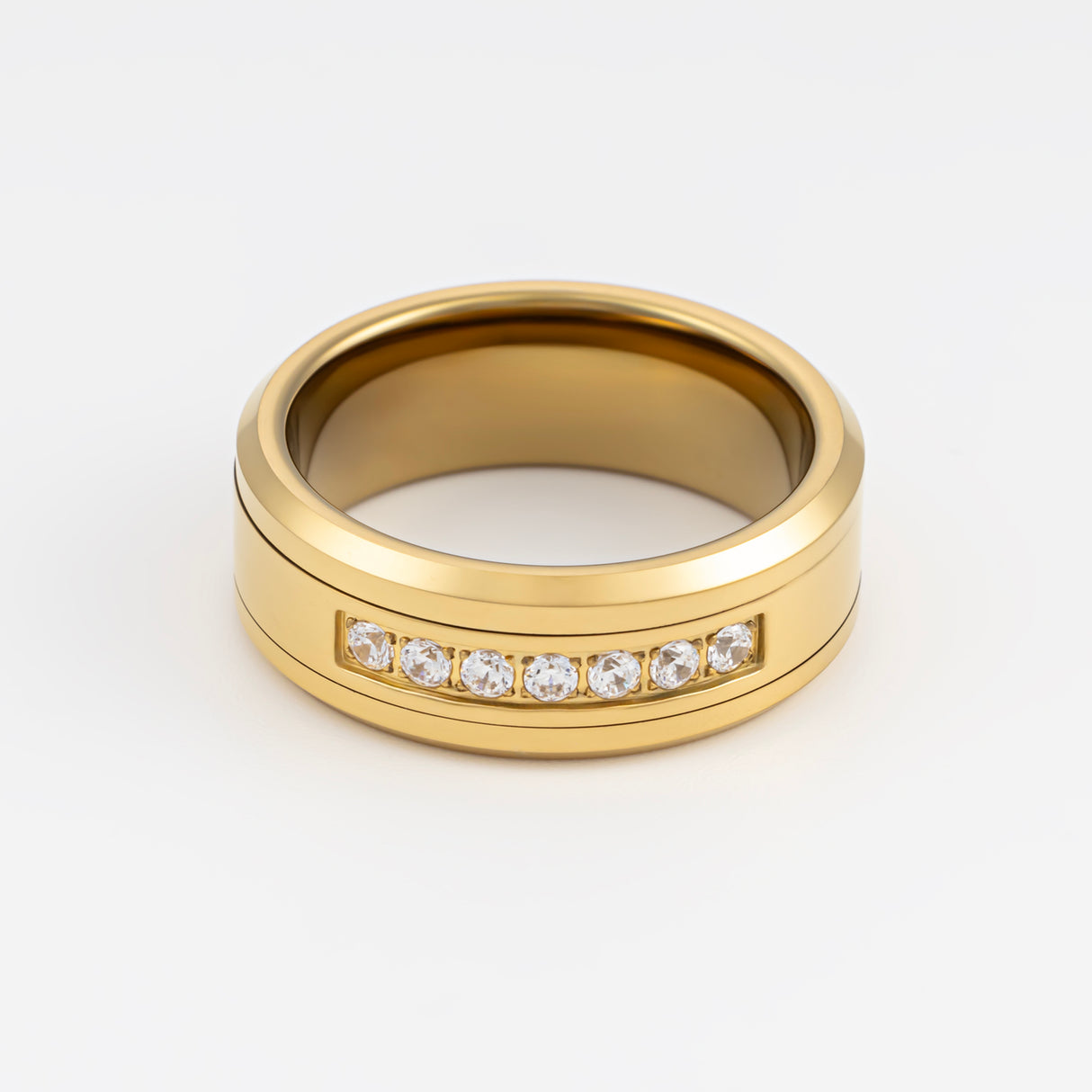 8mm - Gold Tungsten Wedding Band W/ 7 CZ Diamond Inlay High Polished