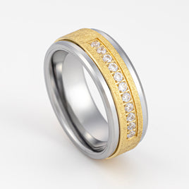 8mm Silver Tungsten Wedding Band, Gold Sandblast CZ Diamond Ring