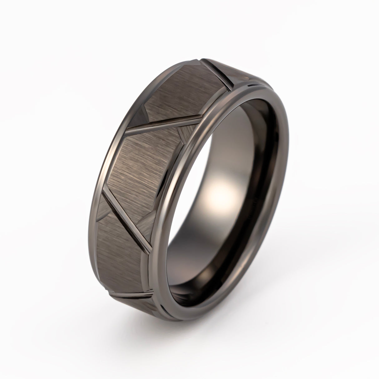 8mm - Tungsten Gunmetal Brushed Ring Trapezoids Stepped Edge Comfort Fit Wedding band