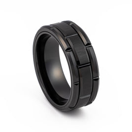 8mm- Mens Tungsten Carbide Rings Black Brick Pattern Brushed Wedding Band