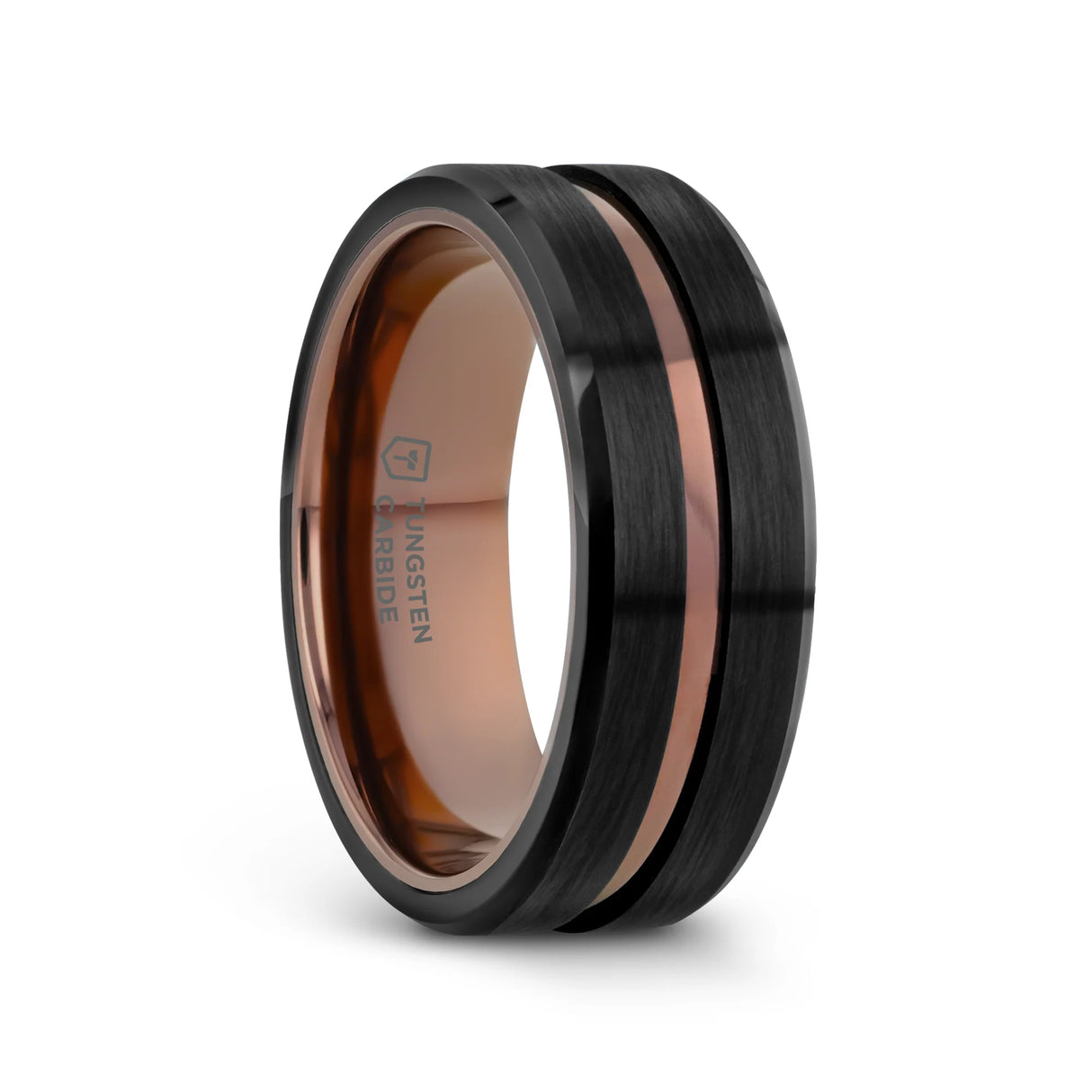 NEVAN Flat Brushed Black Tungsten Men’s Wedding Band with Espresso Groove Center - 8mm