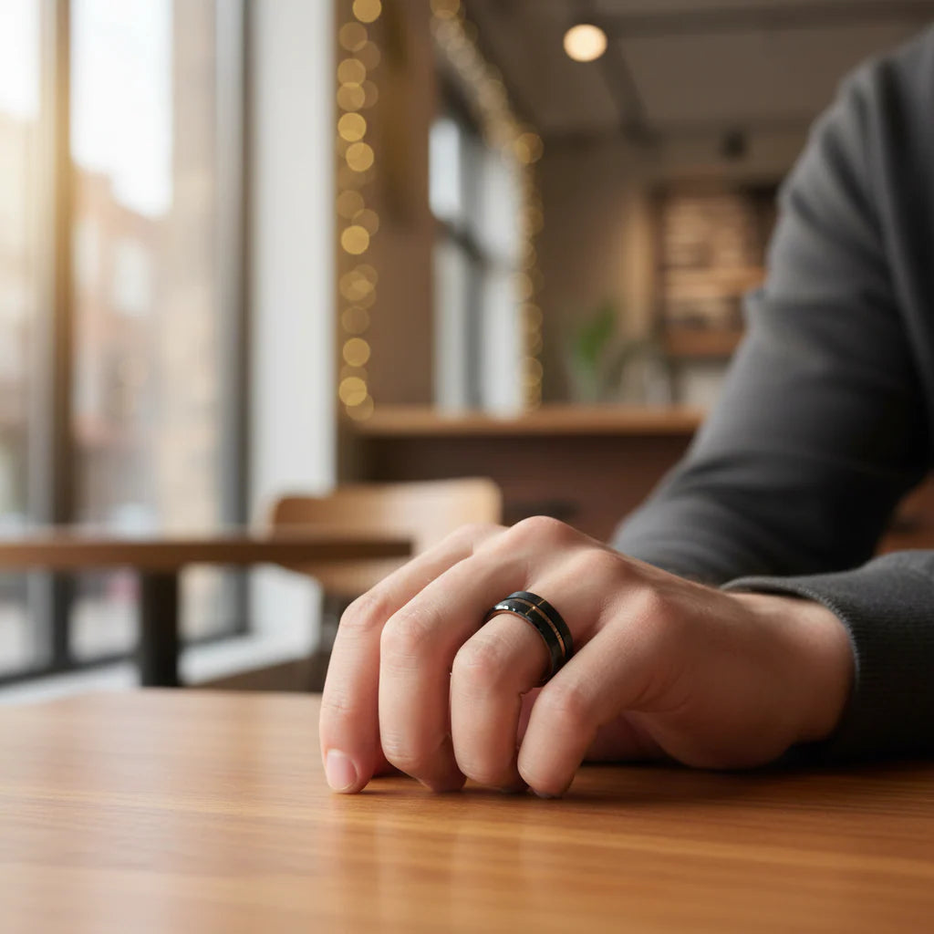 NEVAN Flat Brushed Black Tungsten Men’s Wedding Band with Espresso Groove Center - 8mm