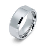 8mm - Silver Tungsten Wedding Band With Beveled Edges, High Polish Center