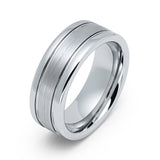 8mm - Mens Tungsten Wedding Ring, Polished Double Groove, With Brushed Center