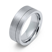 8mm - Mens Pipe Cut Tungsten Wedding Ring, Brushed Center, Off Center Polished Groove