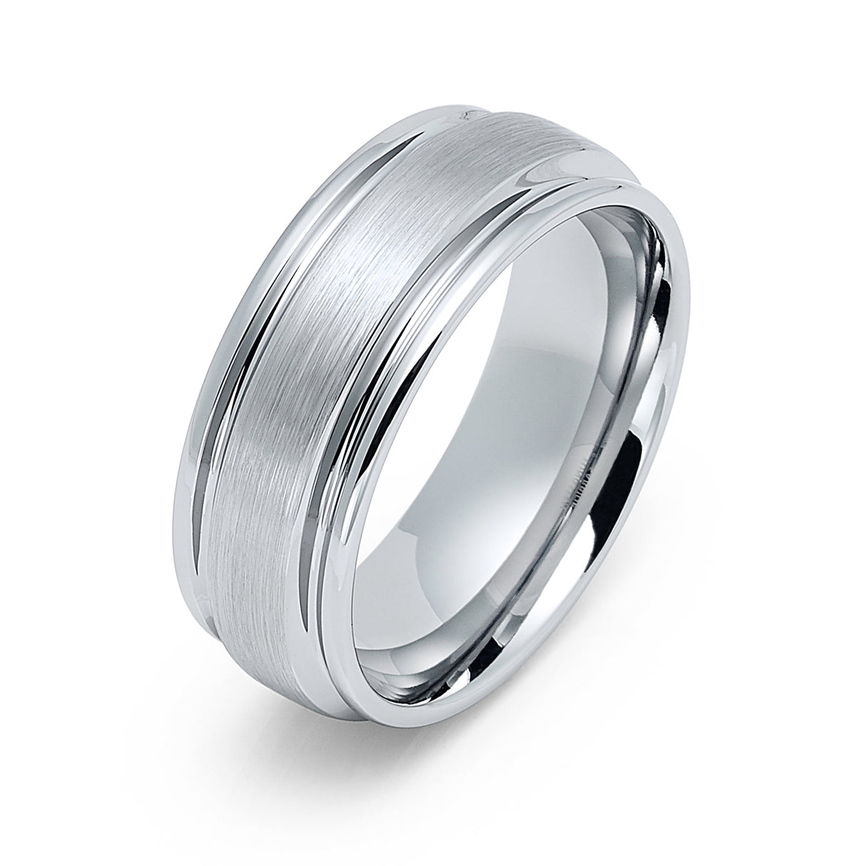 8mm - Men's Tungsten Carbide Wedding Band Flat Brushed Center, Polished Ridge Edges