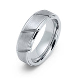 7mm - Tungsten Carbide Wedding Band W/ Diagonal Grooves, Brushed Center, Beveled Edges