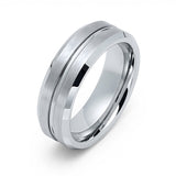 7mm - Mens Tungsten Wedding Band, Silver Grooved Center, Beveled Edges,