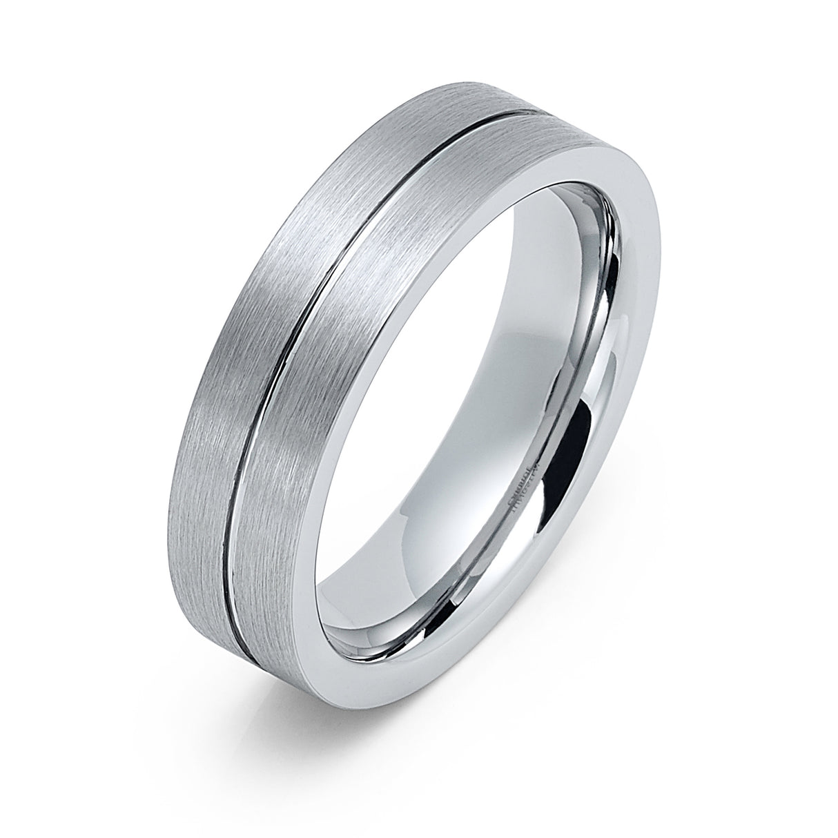 6mm - Mens Tungsten Wedding Band, Flat Grooved Center, Brushed side