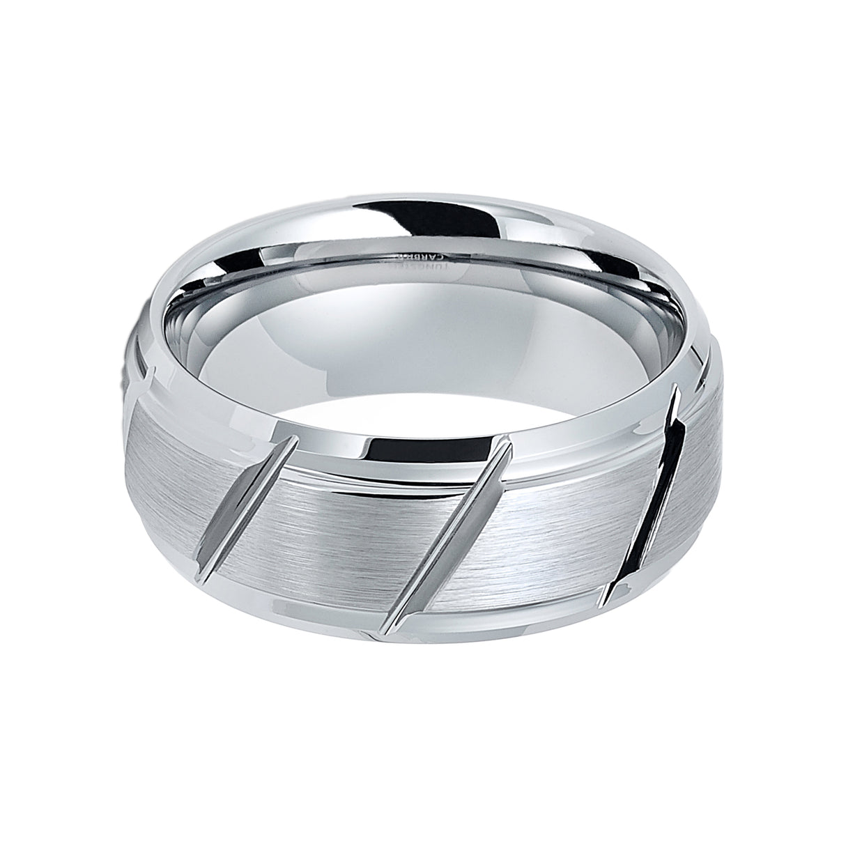 9mm - Tungsten Carbide Wedding Band W/ Diagonal Grooves, Brushed Center, Beveled Edges