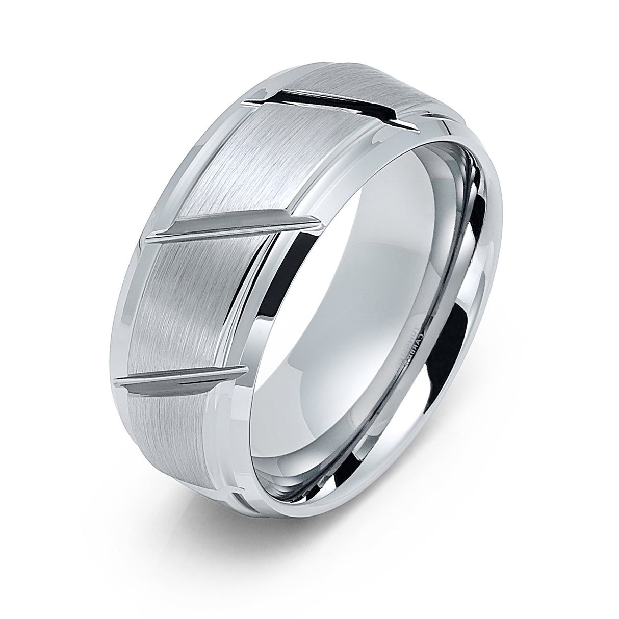 9mm - Tungsten Carbide Wedding Band W/ Diagonal Grooves, Brushed Center, Beveled Edges