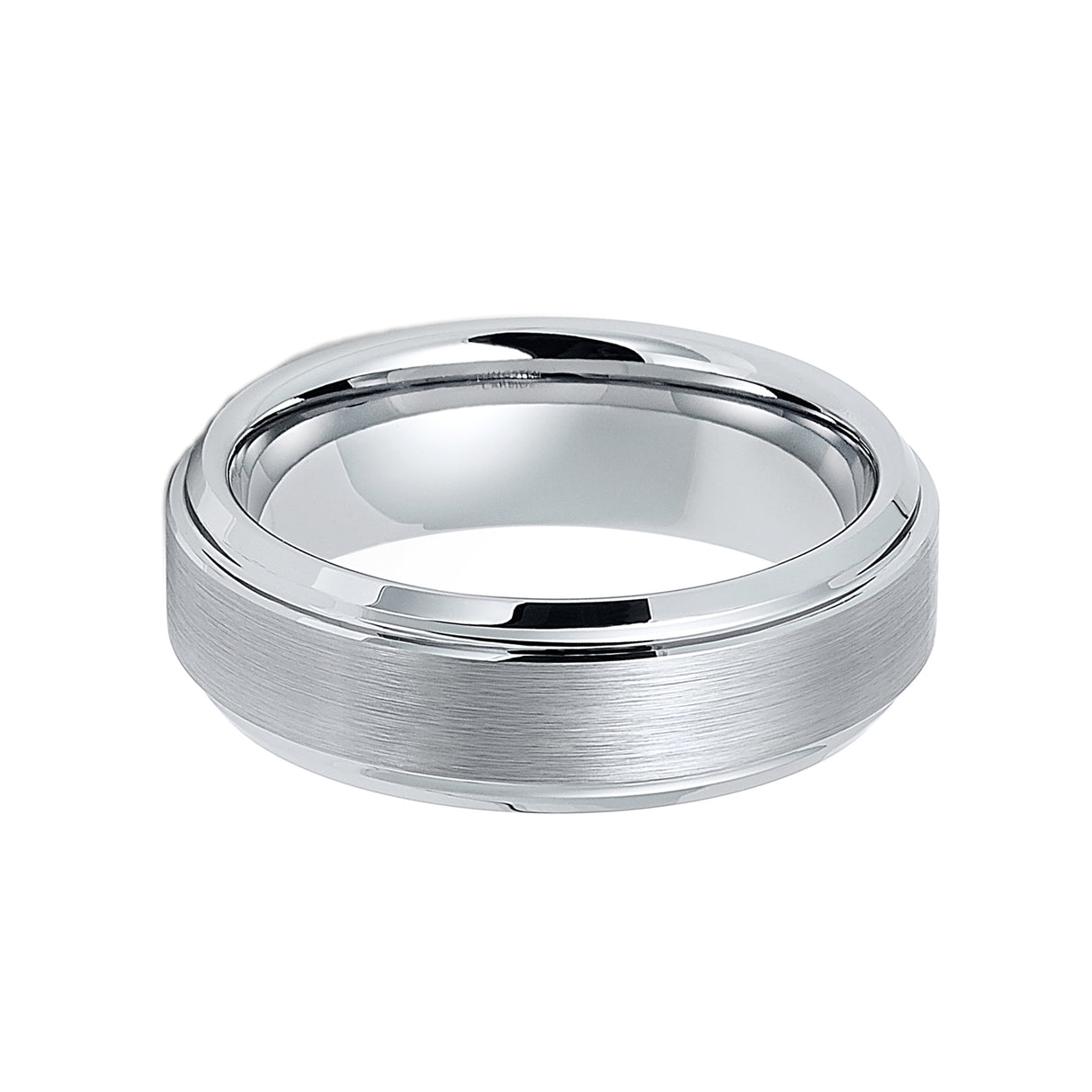 7mm - Men's Tungsten Wedding Band W/ Brushed Flat Center, Stepped Edges