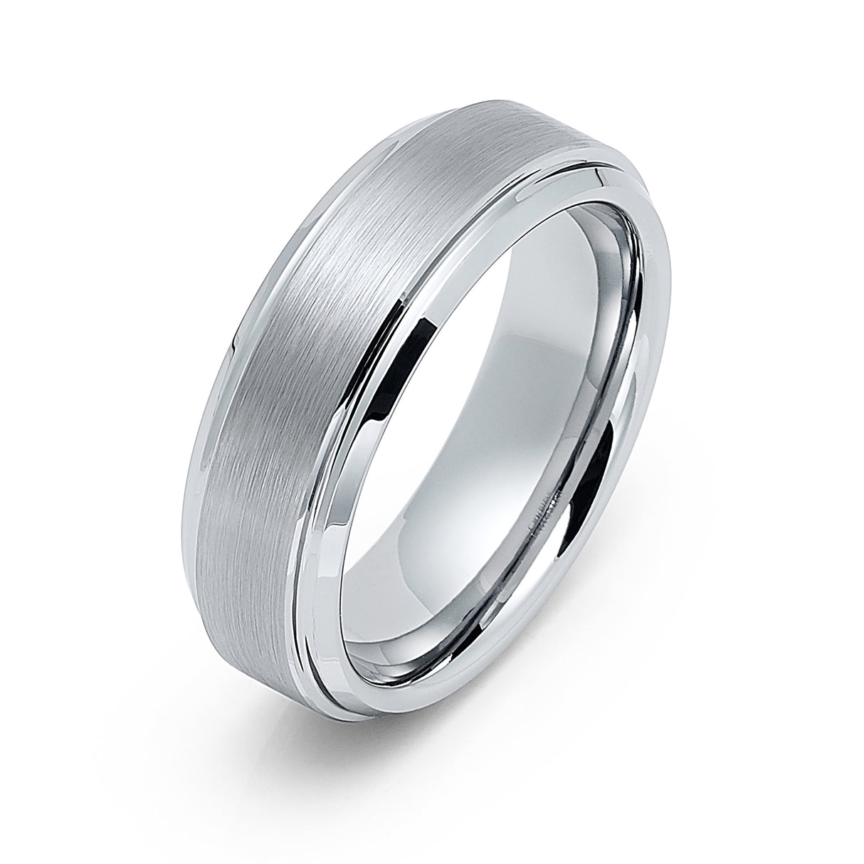 7mm - Men's Tungsten Wedding Band W/ Brushed Flat Center, Stepped Edges