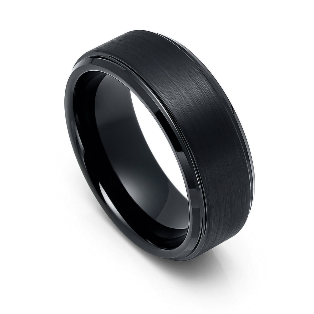 8mm - Mens Tungsten Wedding Band, Polished Stepped Edges, Brushed Flat Center