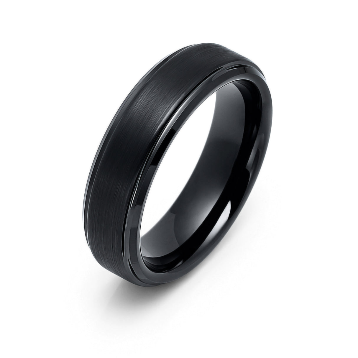 6mm - Mens Tungsten Wedding Band, Polished Stepped Edges, Brushed Flat Center