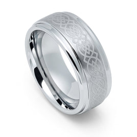 9mm - Silver Tungsten Wedding Ring, Celtic Ring, Brushed Center Celtic Knot Pattern