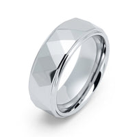 8mm - Tungsten Wedding Band Hammered Dome Faceted, Stepped Edges