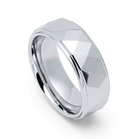 8mm - Tungsten Wedding Band Hammered Dome Faceted, Stepped Edges