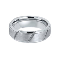 7mm - Tungsten Carbide Wedding Band W/ Diagonal Grooves, Brushed Center, Beveled Edges