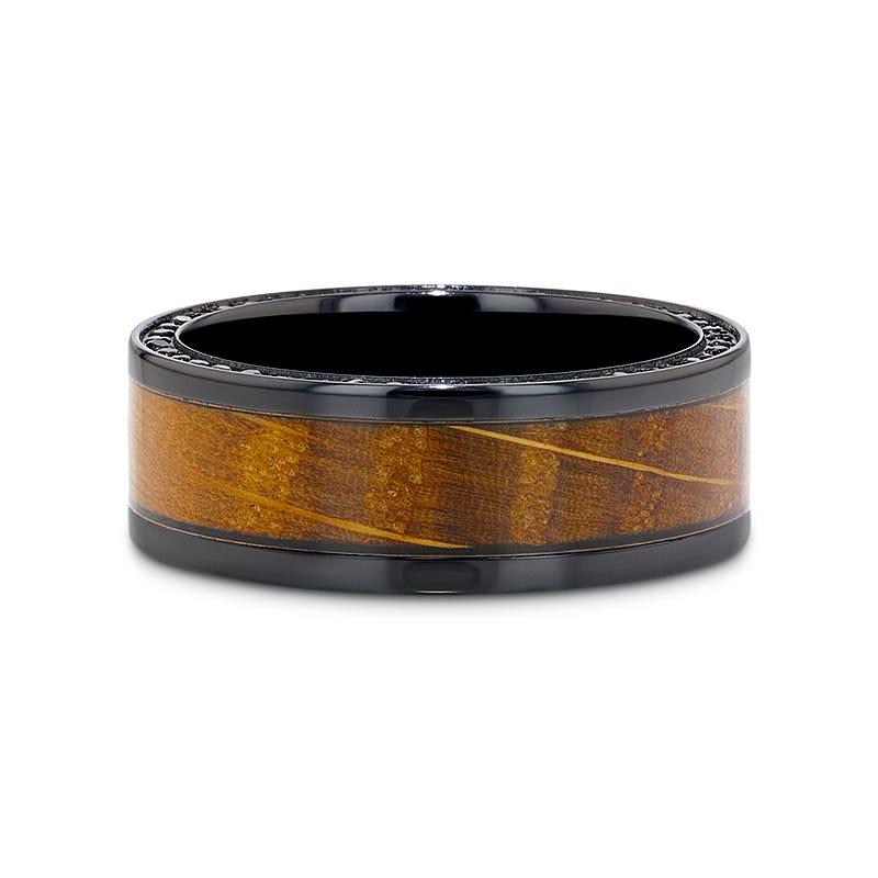 BOURBON – 8mm Black Zirconium Whiskey Barrel Wood & Black Sapphire Wedding Band