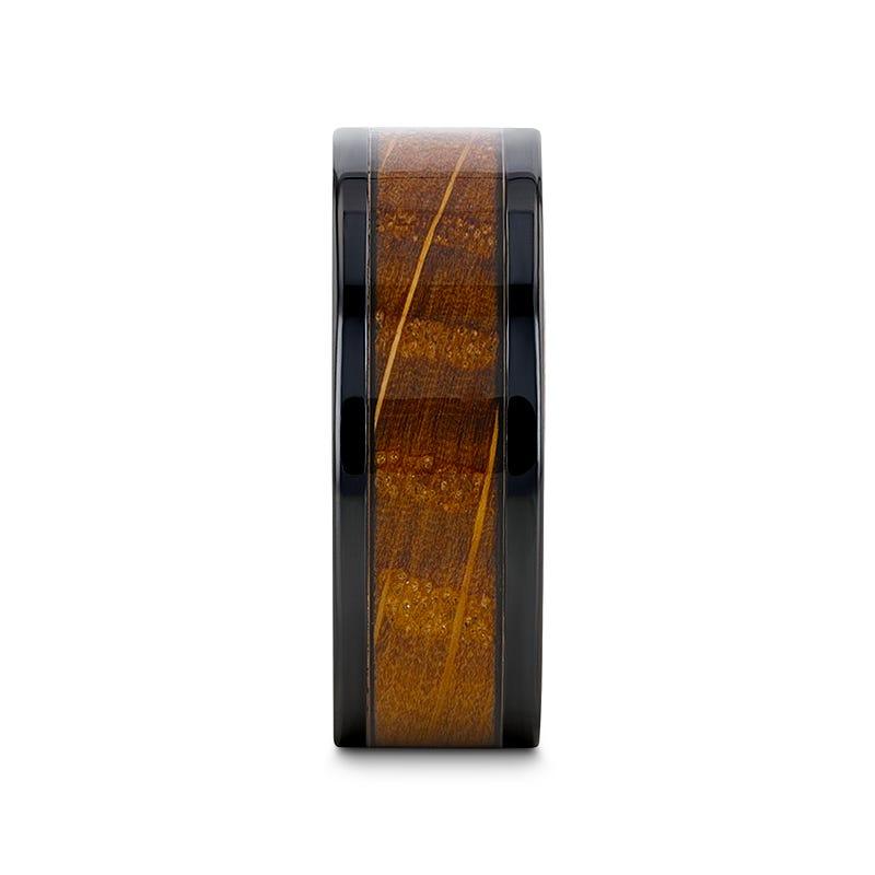 BOURBON – 8mm Black Zirconium Whiskey Barrel Wood & Black Sapphire Wedding Band