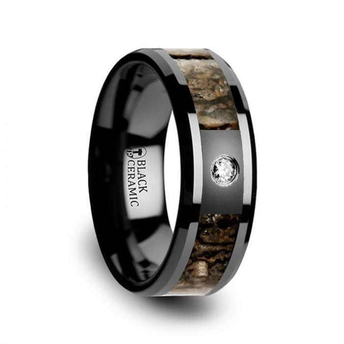 Brown Dinosaur Bone Inlaid Black Ceramic Diamond Band