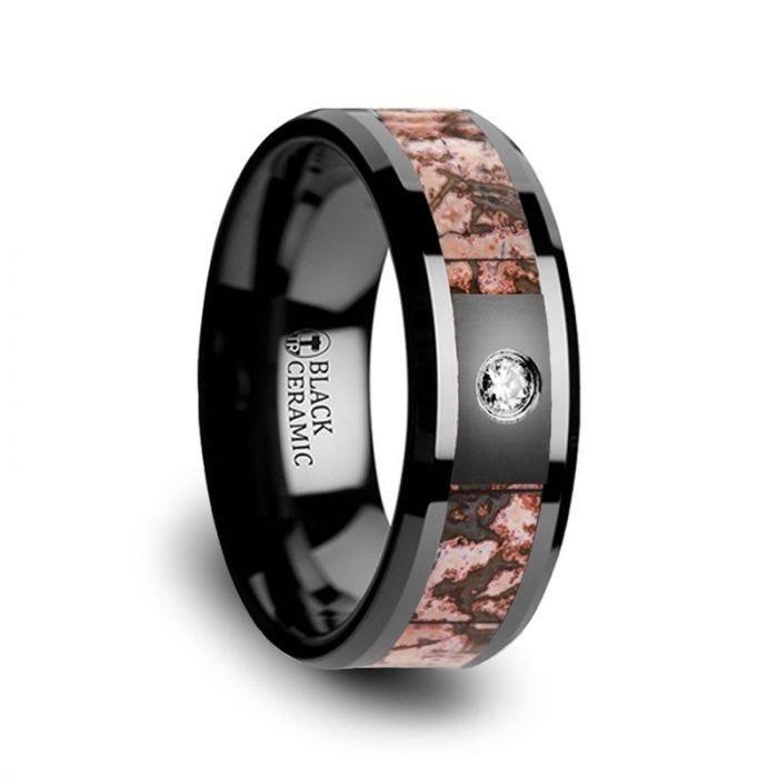 Pink Dinosaur Bone Inlaid Black Ceramic Diamond Wedding Band - 8mm