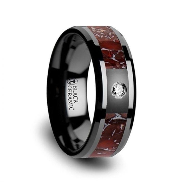 Red Dinosaur Bone Inlay Black Ceramic Single Diamond Beveled Edges