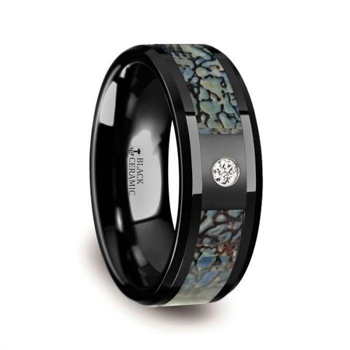 Blue Dinosaur Bone Inlaid Black Ceramic Diamond Band