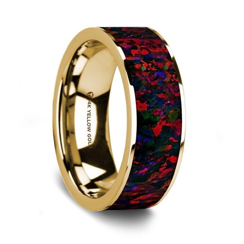 Flat Polished 14K Yellow Gold Wedding Ring with Black and Red Opal Inlay - 8 mm