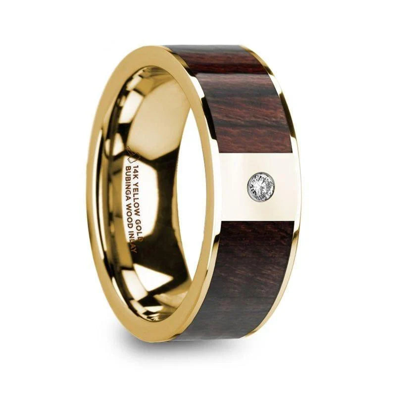 TARAS 14k Yellow Gold, Bubinga Wood, Single Diamond