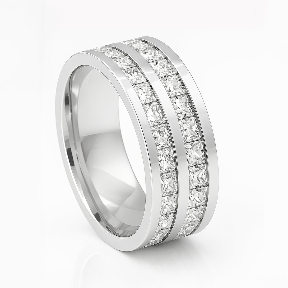 8mm - Mens Silver Titanium Double Row Princess Cut Unplated Ring