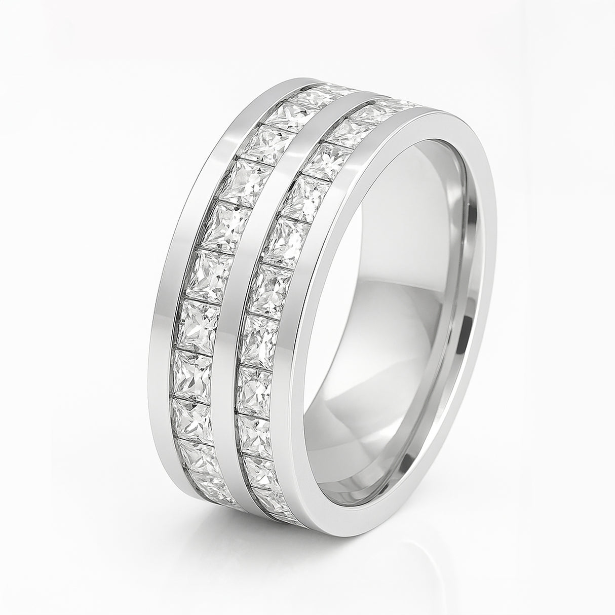 8mm - Mens Silver Titanium Double Row Princess Cut Unplated Ring