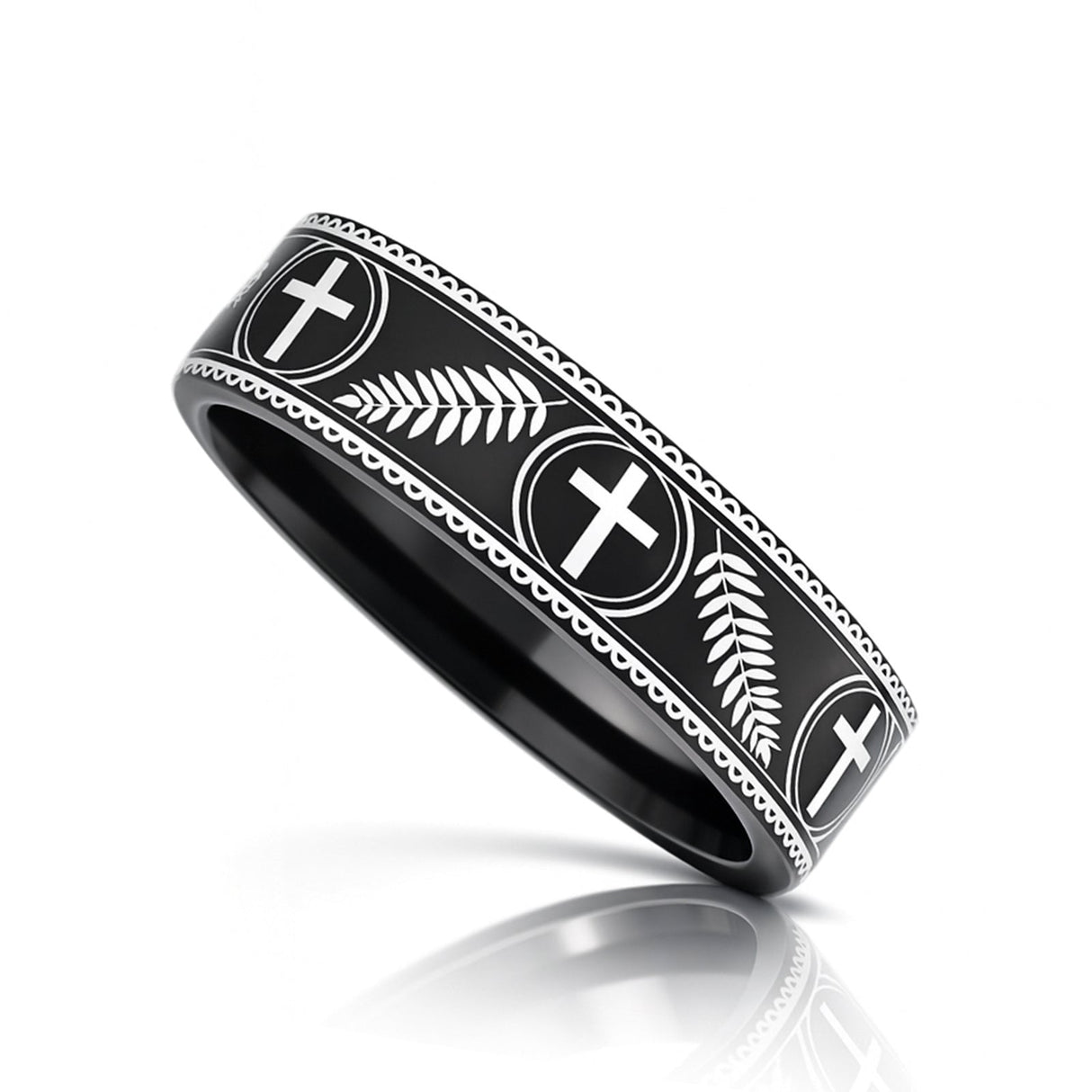 PALM BRANCHES on Black Flat Tungsten Carbide Ring