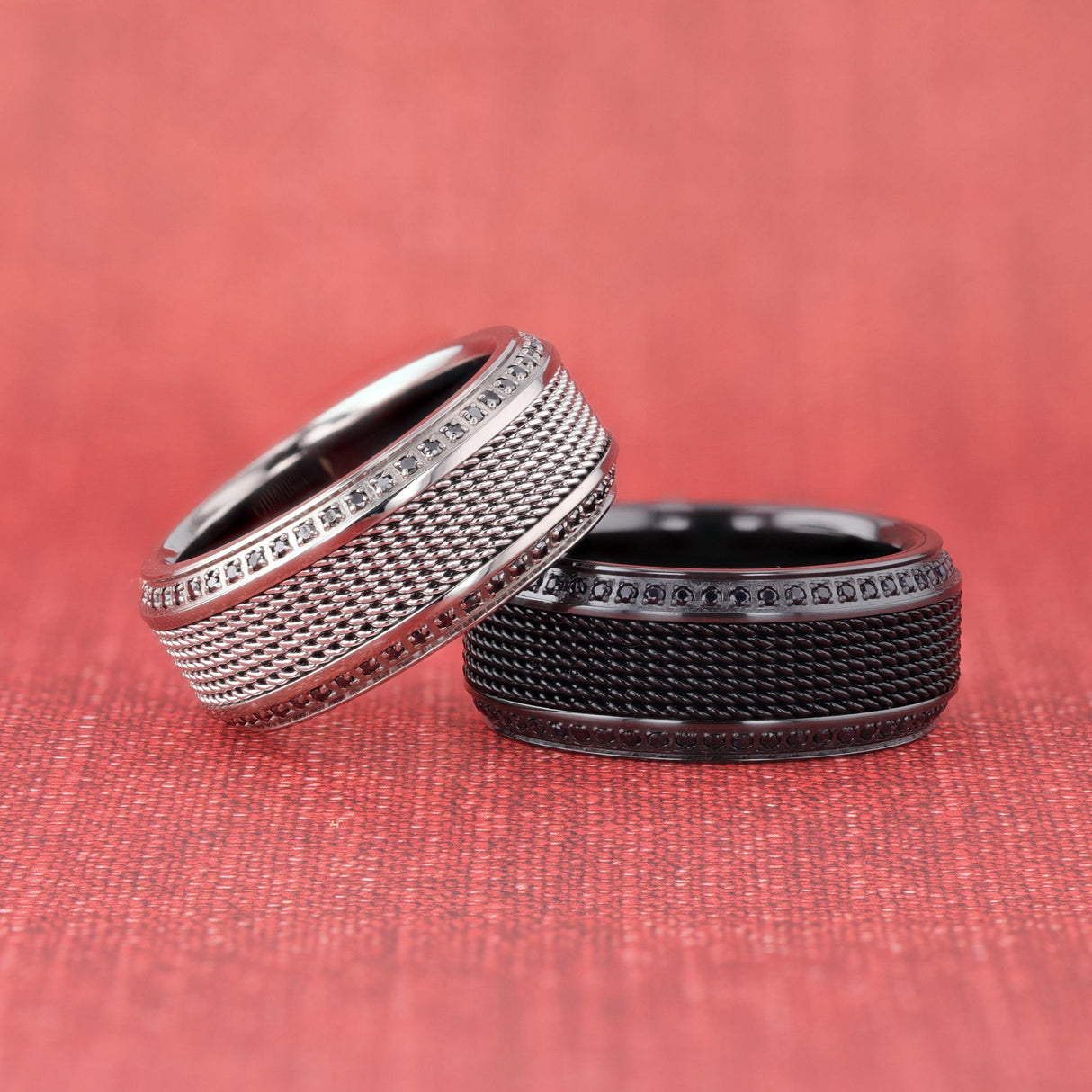 10mm KNIGHT Steel Chain Black Titanium Wedding Ring with Round Black Diamonds