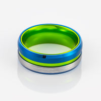 8MM - Green Tungsten Ring W/ Polished Blue beveled edges half brushed center
