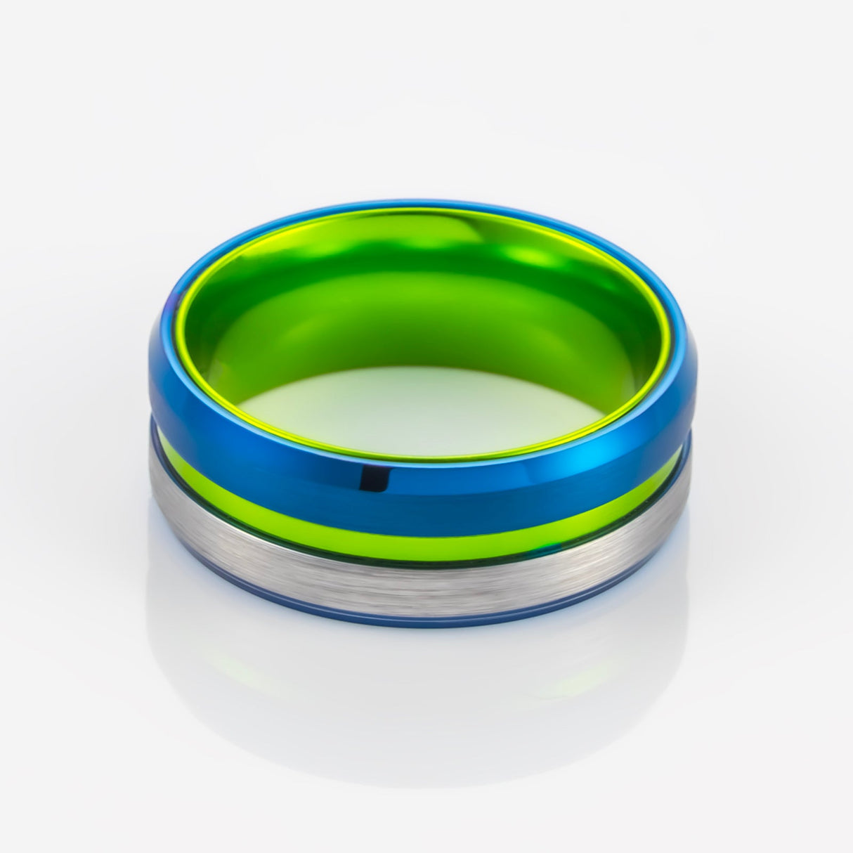 6MM - Green Tungsten Ring W/ Polished Blue beveled edges half brushed center