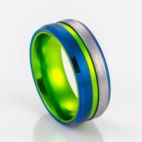 6MM - Green Tungsten Ring W/ Polished Blue beveled edges half brushed center