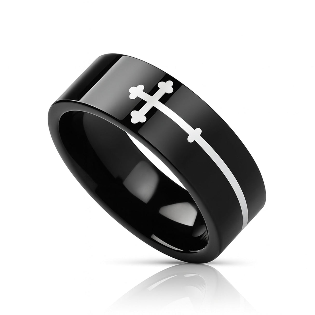 SIDEWAYS CROSS on Black Flat Tungsten Carbide Ring